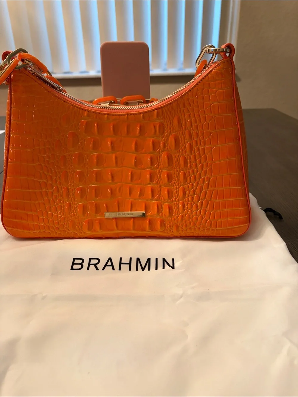 Brahmin Bright Orange Croc-Embossed Shoulder Bag